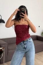 Straplez Drapeli Pullu Bluz Bordo