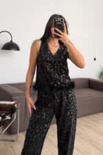 Otrişli Pullu Bluz Siyah