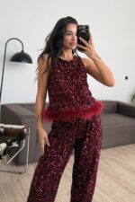 Otrişli Pullu Bluz Bordo