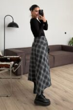 Beli Bağlamalı Ekose Düğmeli Etek Antrasit - Görsel 4