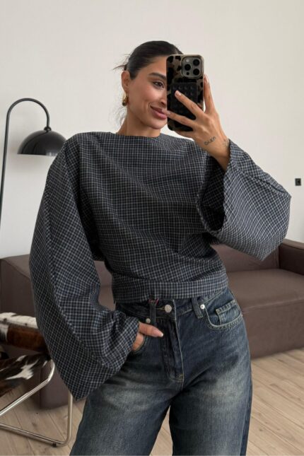 Geniş Kollu Ekose Bluz Lacivert