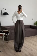 Yüksek Bel Kalın Kumaşlı Pantolon Vizon