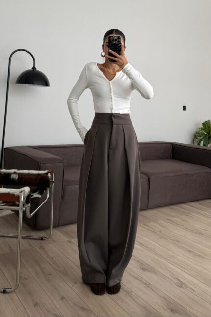 Yüksek Bel Kalın Kumaşlı Pantolon Vizon