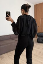 Beli Lastikli Tasarım Bluz Siyah - Görsel 3