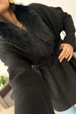 Yakası Kürklü Fitilli Hırka Siyah - Görsel 2