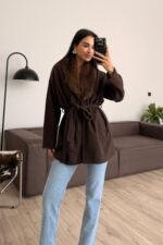 Yakası Kürklü Fitilli Hırka Kahverengi