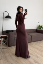 Balıkçı Yaka Vücudu Saran Elbise Kahverengi - Görsel 3