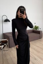 Vatkalı Drapeli Uzun Elbise Siyah - Görsel 2