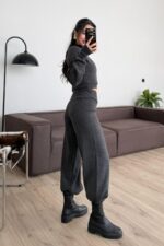 Balıkçı Yaka Triko Crop Takım Antrasit - Görsel 3