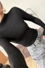 Balıkçı Yaka Uzun Kollu Bluz Siyah - Görsel 2