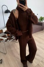 Saç Örgülü 3 Parça Triko Takım Kahverengi - Görsel 3