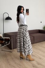 Beli Lastikli Ekose Etek Beyaz - Görsel 3