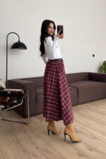 Beli Lastikli Ekose Etek Bordo - Görsel 3