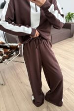 Yakası Fermuarlı Şeritli Modal Takım Kahverengi - Görsel 3