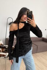 Tek Kollu Kadife Bluz Siyah - Görsel 2