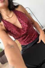 Boyundan Geçirmeli Sırt Açık Pullu Bluz Bordo - Görsel 2