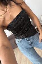 Straplez Drapeli Pullu Bluz Siyah - Görsel 2