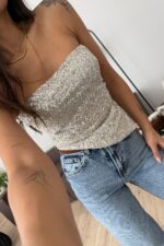 Straplez Drapeli Pullu Bluz Rose - Görsel 2