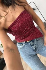 Straplez Drapeli Pullu Bluz Bordo - Görsel 2