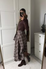 Beli Bağlamalı Ekose Düğmeli Etek Kahverengi - Görsel 5