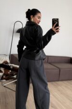 St Beli Kemerli Yumuşak Deri Ceket Siyah - Görsel 3