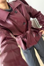 St Beli Kemerli Yumuşak Deri Ceket Bordo - Görsel 2