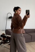 St Beli Kemerli Yumuşak Deri  Ceket Kahverengi - Görsel 3