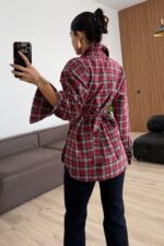 Düğme Detaylı Beli Bağlamalı Ekose Gömlek Kırmızı - Görsel 3