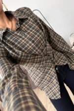 Düğme Detaylı Beli Bağlamalı Ekose Gömlek Kahverengi - Görsel 2