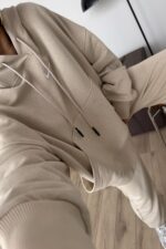 Tasarım Kapşonlu Sweat Eşofman Takım Bej - Görsel 3