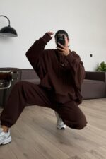 Tasarım Kapşonlu Sweat Eşofman Takım Kahverengi