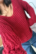 V yaka Selanik Örgülü Kazak Bordo - Görsel 2