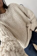 Yarım Boğazlı Selanik Örgülü Kazak Ekru - Görsel 2