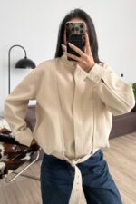 Kemer Detaylı Fitilli Dik Yakalı Bomber Ceket Taş - Görsel 2