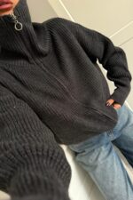 Fermuarlı Dik Yaka Örgü Hırka Antrasit - Görsel 3