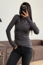 Yanları Büzgülü Balıkçı Yaka Bluz Antrasit - Görsel 2