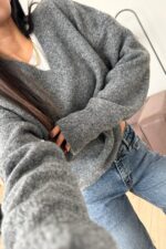 V Yaka Pinterest Yumuşak Kazak Antrasit - Görsel 3