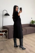 Belden Bağlamalı Önü Dikişli Uzun Elbise Siyah - Görsel 3