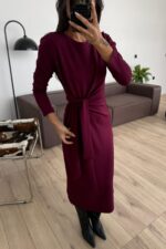 Belden Bağlamalı Önü Dikişli Uzun Elbise Bordo - Görsel 2