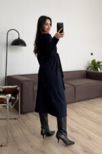 Belden Bağlamalı Önü Dikişli Uzun Elbise Lacivert - Görsel 3