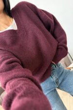 V Yaka Pinterest Yumuşak Kazak Bordo - Görsel 3