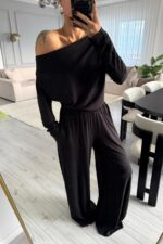 Kayık Yaka palazzo Pantolon Takım Koyu Antrasit - Görsel 2