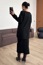 V Yaka Saç Örgülü Triko Etek Takım Siyah - Görsel 3