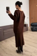 V Yaka Saç Örgülü Triko Etek Takım Kahverengi - Görsel 4