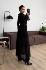 Zincir Kemerli Dantel Elbise Siyah - Görsel 4