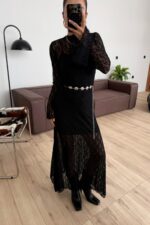 Zincir Kemerli Dantel Elbise Siyah - Görsel 2