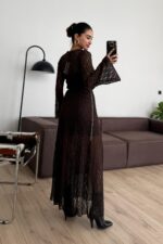 Zincir Kemerli Dantel Elbise Kahverengi - Görsel 3