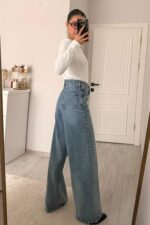 Elmas Taşlı Wide Leg Orta Mavi Jean - Görsel 3
