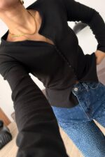 Kaşkorse V Yaka Önü Düğmeli Bluz Siyah - Görsel 2