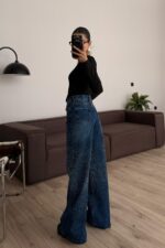 Yoğun Taşlı Wide Leg Dark Jean - Görsel 4